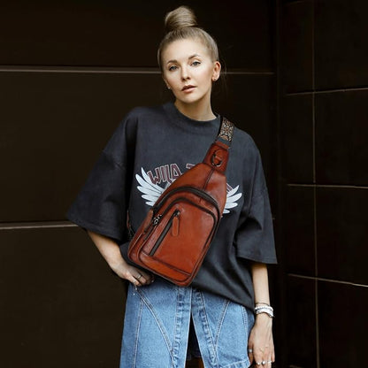 HESHE Leather Sling Bag for Women Crossbody Bags with Multi-Pocket Stylish Fanny Packs for Travel Chest Bag