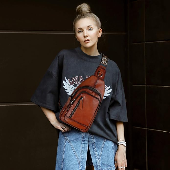 HESHE Leather Sling Bag for Women Crossbody Bags with Multi-Pocket Stylish Fanny Packs for Travel Chest Bag