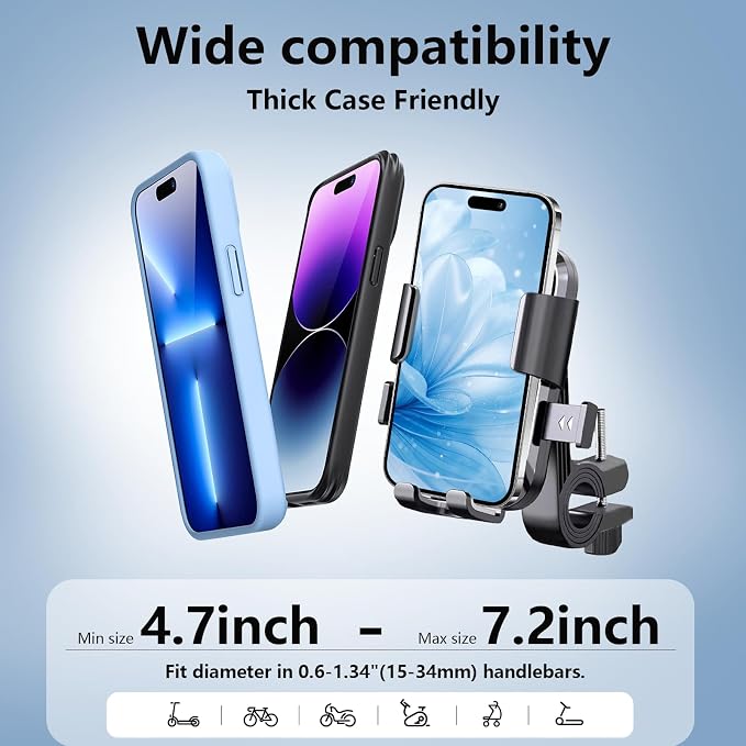 LELEKUAI Bike Phone Mount for Motorcycle & Ebike – Anti-Shake Handlebar Phone Holder, Universal Cell Phone Mount, Easy Install, Fits iPhone & Android