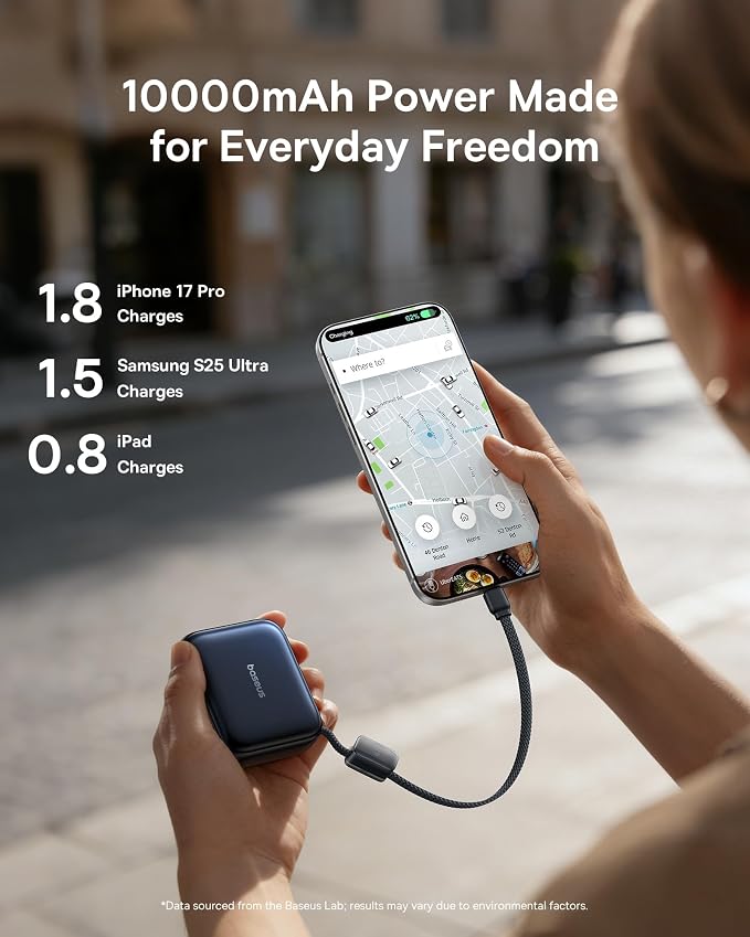 Baseus PicoGo AC22 Mini Power Bank, 10000mAh 45W PD Portable Charger Built-in USB-C Cable, Ultra Small Sized Battery Pack, Fast Charging Battery Bank for iPhone 17/16/15 Samsung S25/S24 Pixel 10 iPad