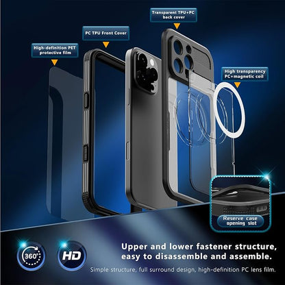 Guppy for iPhone 16 Pro Magnetic Waterproof Case, Built-in Screen Protector [IP68 Waterproof][14FT Military Drop Proof] 360° Full Body Protection Dustproof Shockproof Heavy Duty Rugged Case, Black