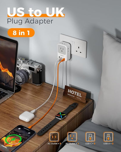 Type G Adapter for Travel 2 Pack, TESSAN PD 20W US to UK Plug Adapter with 4 AC Outlets 4 USB Ports (2 USB C), Ireland Power Adaptor for USA to England London British Scotland Dubai Hong Kong Kenya
