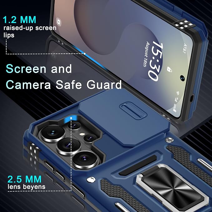 DEERLAMN Case for Samsung Galaxy S26 Ultra 6.9-Inch with Slide Camera Cover+Screen Protector(1 Pack), Rotated Ring Kickstand Military Grade Shockproof Protective Cover-Navy Blue
