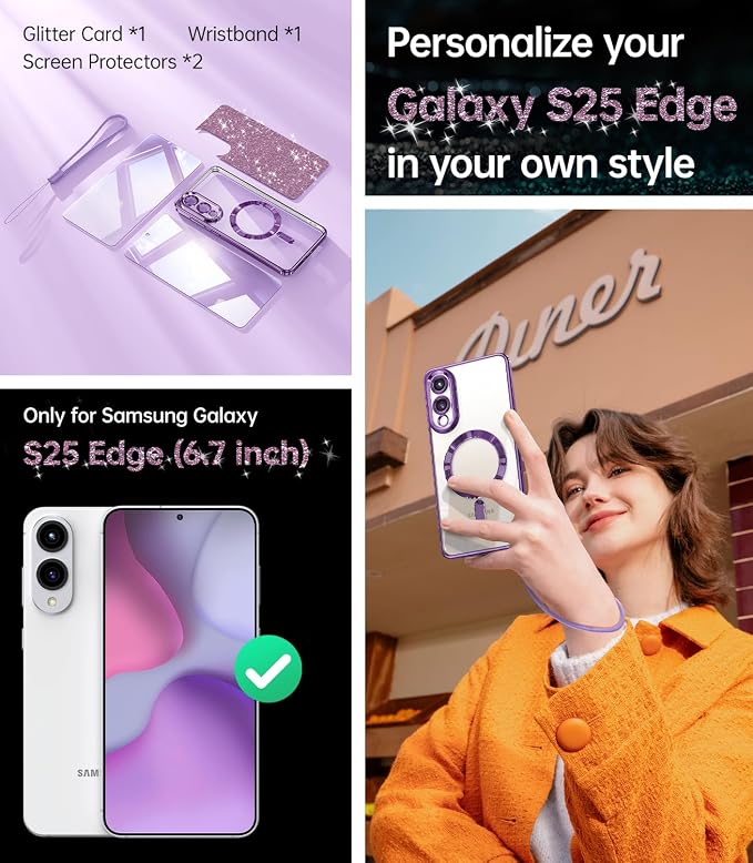 Meifigno Designed for Samsung Galaxy S25 Edge Case, [Compatible with MagSafe] [2X Screen Protectors] [Glitter Card & Wrist Strap] Surround Raised Lens Protection Slim Case for S25 Edge 6.7", Purple