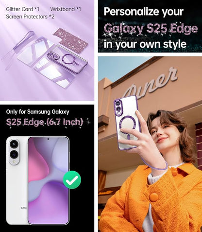 Meifigno Designed for Samsung Galaxy S25 Edge Case, [Compatible with MagSafe] [2X Screen Protectors] [Glitter Card & Wrist Strap] Surround Raised Lens Protection Slim Case for S25 Edge 6.7", Purple