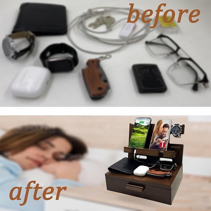 Gifts for Men Women Him Husband Son Boyfriend Birthday Nightstand Organizer Wood Phone Docking Station Birthday Gifts (Deep Walnut)