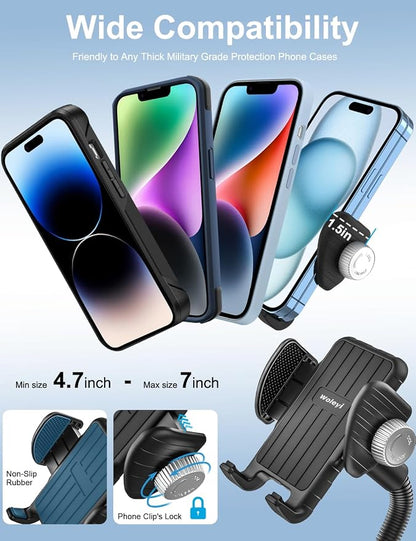 woleyi Gooseneck Phone Holder for Bike - Motorcycle Phone Mount, 360° Rotatable Adjustable Cell Phone Handlebar Clamp, Scooter Phone Clip, for iPhone Air 17 Pro Max 16 1514 13, S25, 4.7-7" Smartphones