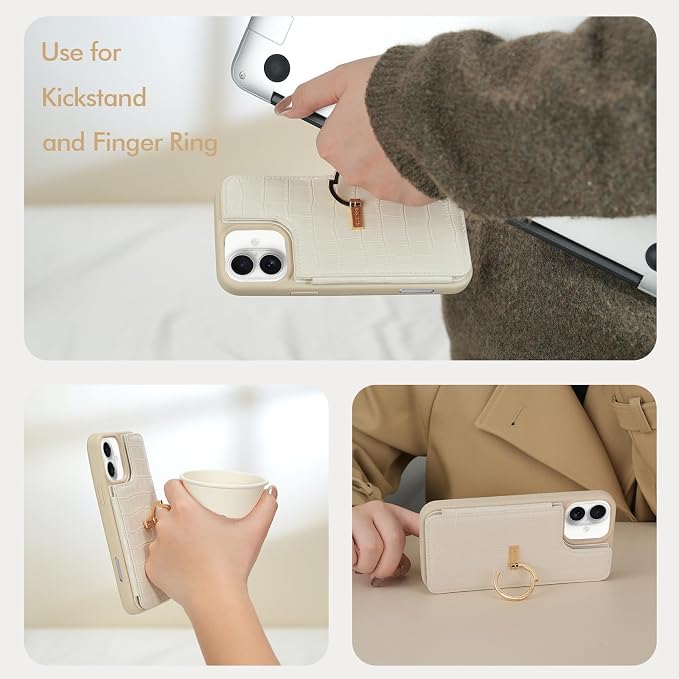 CUSTYPE Compatible with iPhone 17 Wallet Case with Card Holder,180°Ring Holder Kickstand Card Slots Case,PU Leather Protective Case for iPhone 17 6.3 inch-Beige