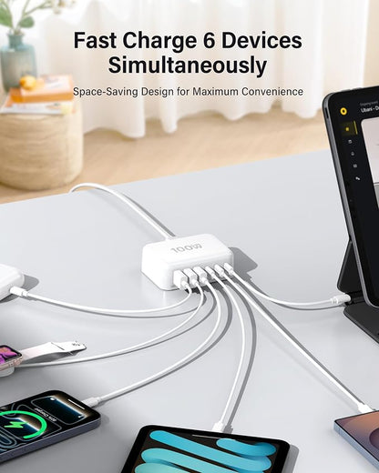 [2026 Updated] USB C Fast Charger, 100W GaN 6 Port Type C Charging Station Hub Block Cube, USB C Wall Charger Power Strip Adapter Plug for iPad iPhone 17 16 15 14 Pro Max Pixel Note Galaxy, 5ft Cord