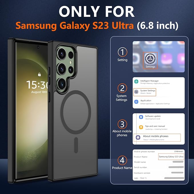 For Samsung Galaxy S23 Ultra Case [Compatible with Magsafe] Translucent Matte Magnetic S23 Ultra Phone Case,SlimThin Duty Shockproof Protection Cover with 2pc HD Screen Protector for S23 Ultra-Black
