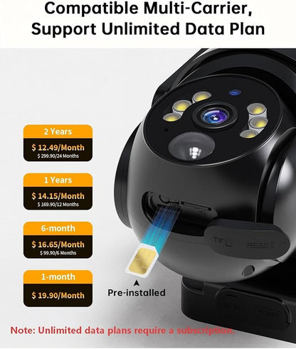 Cellular Security Camera with Pre-Installed 4G LTE SIM Card, Color Night Vision, 360° Full View, 2K Live Viewing, Instant Motion Alerts, No WiFi Needed Solar Outdoor Camera for Farm/Jobsite