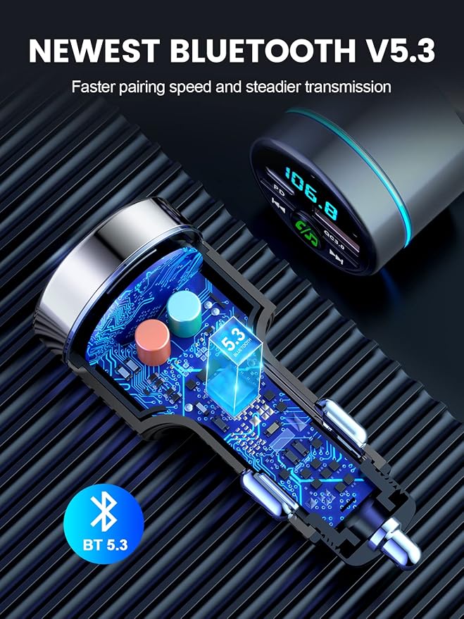 FM Transmitter for Car Bluetooth 5.3, [All-Metal] PD 30W & QC3.0 18W Fast Car Charger, Wireless FM Radio Kit Bluetooth Car Adapter, Noise Cancelling Hands-Free Call, Blue Light - Silver