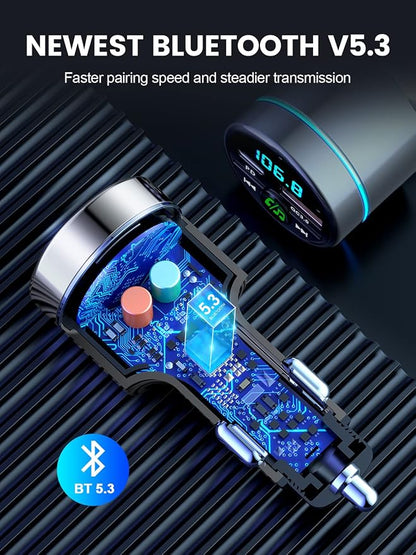 FM Transmitter for Car Bluetooth 5.3, [All-Metal] PD 30W & QC3.0 18W Fast Car Charger, Wireless FM Radio Kit Bluetooth Car Adapter, Noise Cancelling Hands-Free Call, Blue Light - Silver