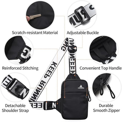 Peicees Mini Crossbody Sling Bag Chest Bag Dual Pocket Water Resistant Fanny Pack Running Phone Holder for Men Women Workout Travel, Black