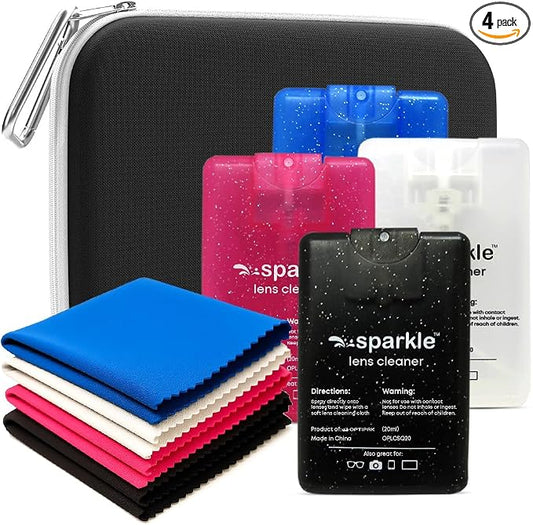 Sparkle Anti-Reflective Safe Square Lens Cleaner Spray Kit – 4 (20ml) Glasses Cleaner Spray with Microfiber Cloths & Travel Pouch for Eyeglasses, Lenses & Camera Cleaning Kit (9 Piece Set)