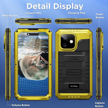 Mitywah Waterproof Case for iPhone 16 Plus, Shockproof Heavy Duty Case with Built-in Screen Protector, Underwater Full Body Protective Metal Case 6.7 inch, Yellow
