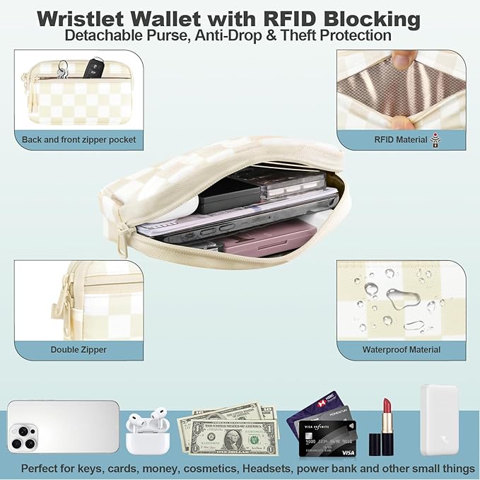 YFWE Clip and Go Strap for Phone with Wallet Crossbody, Adjustable Phone Lanyard with Detachable RFID Wristlet Wallet, Phone Strap with Phone Tabs for All Phones, Cream Checkered (L)