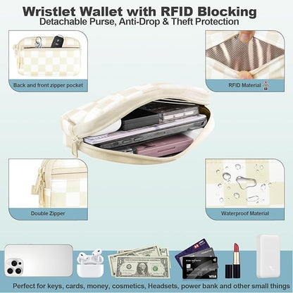 YFWE Clip and Go Strap for Phone with Wallet Crossbody, Adjustable Phone Lanyard with Detachable RFID Wristlet Wallet, Phone Strap with Phone Tabs for All Phones, Cream Checkered (L)