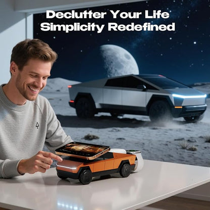 CyberDock 3-in-1 Wireless Charging Station, Cybertruck 1:25 Scale Charger with Qi2 Certified 15W Charging for iPhone iWatch AirPods, Magnetic Rotating Charger with Ambient Light, 30W Adapter, Orange