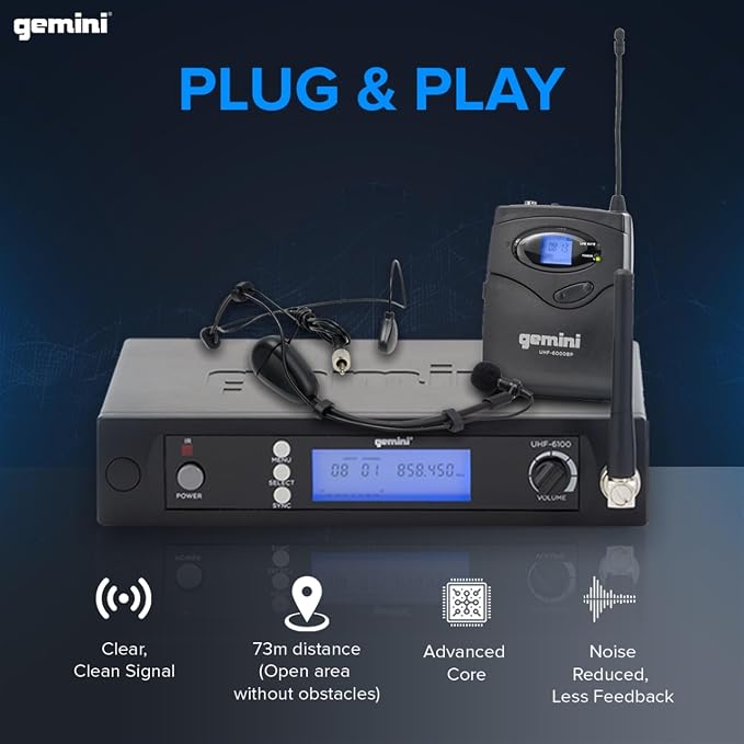 Gemini Sound UHF-6100HL Wireless Mic System – UHF Receiver with 256 Selectable Frequencies, Headset & Lavalier Mic, 240ft Range, LCD Display, Noise-Free Audio for Performers & Instructors
