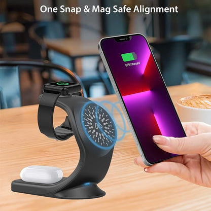 3 in 1 Magsafe Compatible Wireless Charging Station for iPhone 16/15/14/13 /12/12Pro/12Pro Max/12Mini, iWatch 10/9/8/7/6, AirPods 2/Pro, Compatible with MagSafe Cases (QC 3.0 Adapter Included)