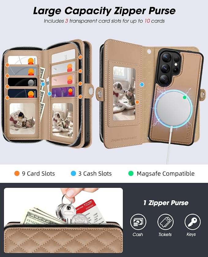 OCASE for Samsung Galaxy S26 Ultra Crossbody Detachable Wallet Case, PU Leather Handbag Phone Purse with Zipper Closure, Card Slots & RFID Blocking, Wrist Strap, Lanyard, Kickstand, Khaki