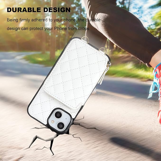 Bocasal Crossbody Wallet Case for iPhone 13, RFID Blocking PU Leather Zipper Handbag Purse Flip Cover, Kickstand Folio Case with Card Slots Holder Wrist Strap Lanyard 5G 6.1 Inch (White)