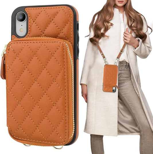 Bocasal Crossbody Wallet Case for iPhone Xr, RFID Blocking PU Leather Zipper Handbag Purse Flip Cover, Kickstand Folio Case with Card Slots Holder Wrist Strap Lanyard 6.1 Inch (Brown)