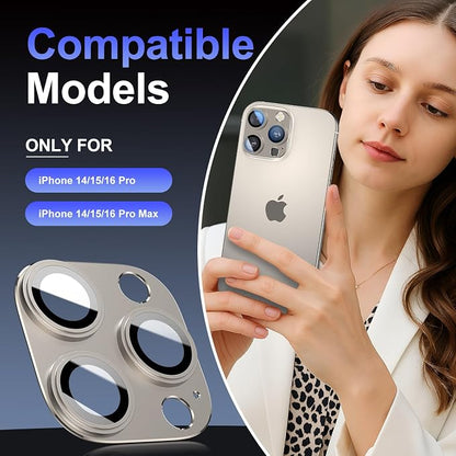 for iPhone 14/15/16 Pro & Pro Max Camera Lens Protector, Tempered Glass with Metal Alloy Frame,for protector de cámara iphone 16 pro max, iphone 16 pro camera protector, Titanium Natural