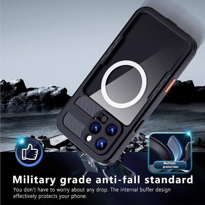 Guppy for iPhone 16 Pro Max Magnetic Waterproof Case, Built-in Screen Protector [IP68 Waterproof][14FT Military Drop proof]360° Full Body Protection Dustproof Shockproof Heavy Duty Rugged Case, Black
