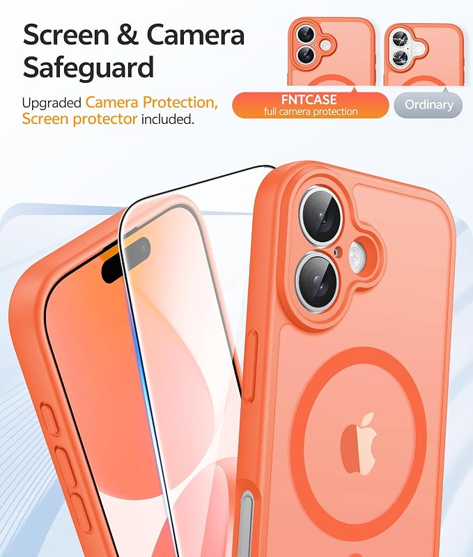 FNTCASE for iPhone 17 Case: [Compatible with Magsafe] Translucent Matte Cases with [Full Camera Protection] [Screen Protector] Military Grade Shockproof Protective Phone Cover - Orange