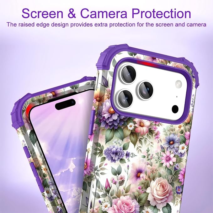 Hocase for iPhone 17 Pro Max Case, Heavy Duty Shockproof Protection Soft Silicone Rubber+Hard Plastic Bumpers Hybrid Protective Case for iPhone 17 Pro Max 2025 - Purple Pink Flowers