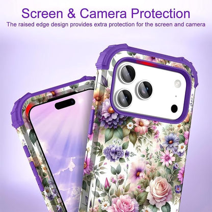 Hocase for iPhone 17 Pro Max Case, Heavy Duty Shockproof Protection Soft Silicone Rubber+Hard Plastic Bumpers Hybrid Protective Case for iPhone 17 Pro Max 2025 - Purple Pink Flowers