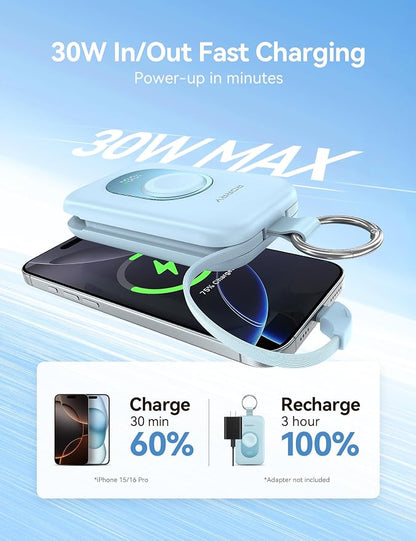 RORRY Portable Charger, 20000mAh PD 30W Portable Charger Power Bank with 2 Built-in Cables, Super Fast Charging Battery Pack with Keychain, Travel Essentials for iPhone, Apple Watch, iPad, White