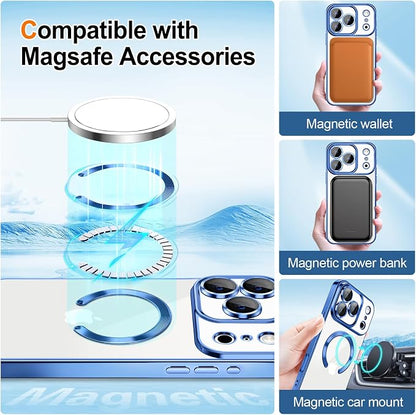 Hython for iPhone 17 Pro Max Case Glitter Clear Magnetic Phone Cases [Compatible with MagSafe] Full Camera Lens Protector Sparkle Luxury Plating Slim Shockproof Protective Cover, Gradient Deep Blue