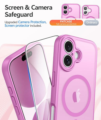 FNTCASE for iPhone 17 Case, Compatible with Magsafe, Glass Screen Protector | Full Camera Protection, Translucent Matte, 14FT Military Grade Drop Proof, Shockproof Protective Phone Cover, Pink
