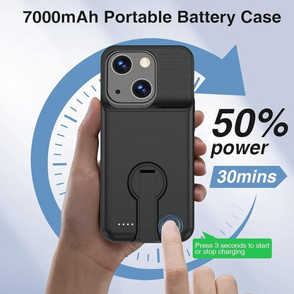 GIN FOXI Battery Case for iPhone 15/15 Pro, Rechargeable Charging Case with Stand 7000mAh Ultra-Slim Anti-Fall Protection Extended Battery Pack Juice Box for iPhone 15/15 Pro 6.1" Black