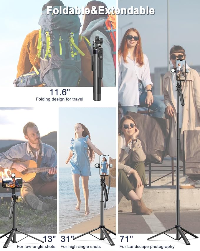 71" Phone Tripod,Tripod for iPhone with Fill Light and Rechargeable Remote,Aluminum Selfie Stick Phone Stand Compatible with Cell Phone/Camera/Ring Light/DJI/GoPro