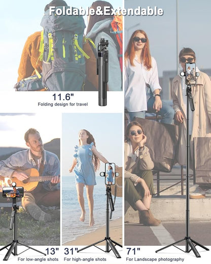 71" Phone Tripod,Tripod for iPhone with Fill Light and Rechargeable Remote,Aluminum Selfie Stick Phone Stand Compatible with Cell Phone/Camera/Ring Light/DJI/GoPro