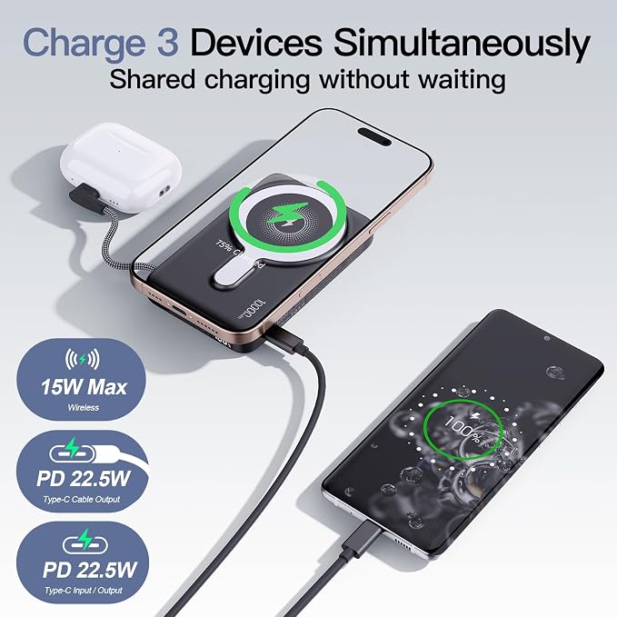 2026 Updated M3 Ultra Slim 0.4'' Wireless Power Bank, 10000mAh Magnetic Portable Charger with Built in Cable and Strap, LED Battery Pack Travel Essentials for iPhone 17/16/15/14/13/12/Pro Max Andriod