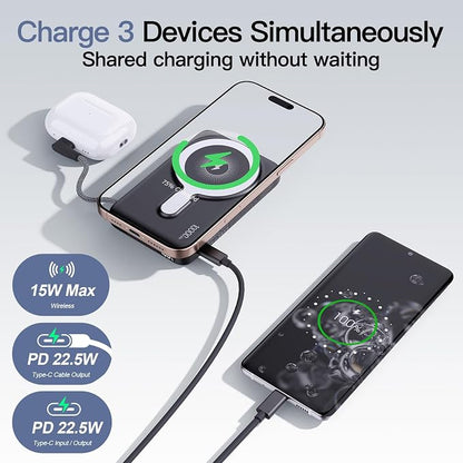 2026 Updated M3 Ultra Slim 0.4'' Wireless Power Bank, 10000mAh Magnetic Portable Charger with Built in Cable and Strap, LED Battery Pack Travel Essentials for iPhone 17/16/15/14/13/12/Pro Max Andriod