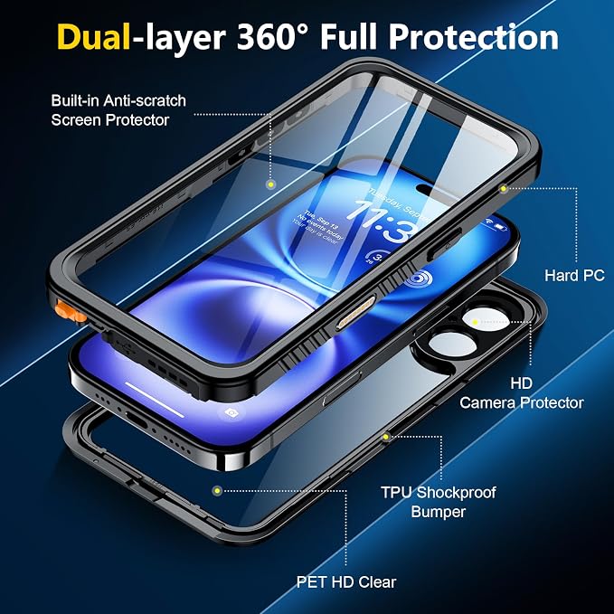 SPIDERCASE for iPhone 16 Case Waterproof, Built-in Lens & Screen Protector, Full Heavy Duty Protection, 12FT Military Shockproof, Dustproof, Anti-Scratched Phone Case,Black