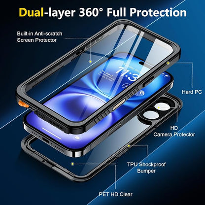 SPIDERCASE for iPhone 16 Case Waterproof, Built-in Lens & Screen Protector, Full Heavy Duty Protection, 12FT Military Shockproof, Dustproof, Anti-Scratched Phone Case,Black