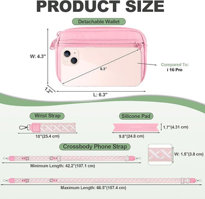 YFWE Clip and Go Strap for Phone with Wallet Crossbody, Adjustable Phone Lanyard with Detachable RFID Wristlet Wallet, Pattern Strap, Pink(M)