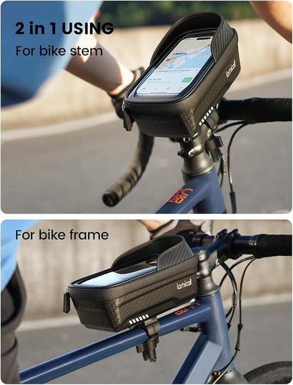 Lamicall Bike Frame Bag Waterproof - [1s Release] [2 in 1] Bike Phone Mount Holder, Bicycle Top Tube Bag, Cycling Pouch with Rain Cover, Bikes Accessories Gifts for Phones Under 7"