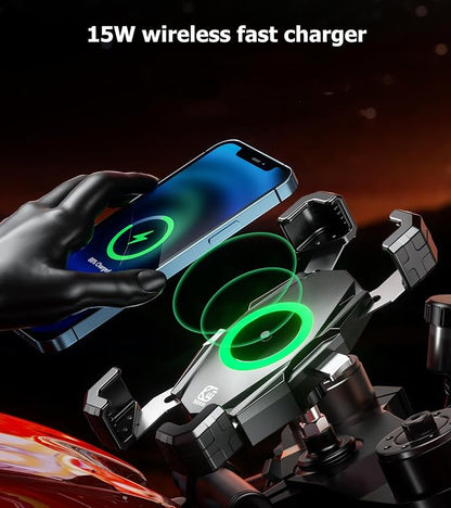 Kewig Motorcycle Fork Stem Phone Mount with Qi 15W Wireless Charger & USB C 20W Fast Charging Port, One-Push Automatically Lock & Quick Release Handlebar Phone Holder for 4.0-6.9" Phone