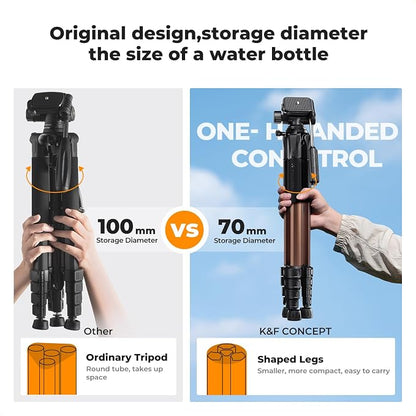 K&F CONCEPT Camera Tripod, 75" Lightweight Portable Travel Outdoor DSLR Tripods for Camera Phone Video Recording Tripod Stand, Cellphone Clip for Smartphone Live Streaming Vlog (Bronze Gold, 75'')
