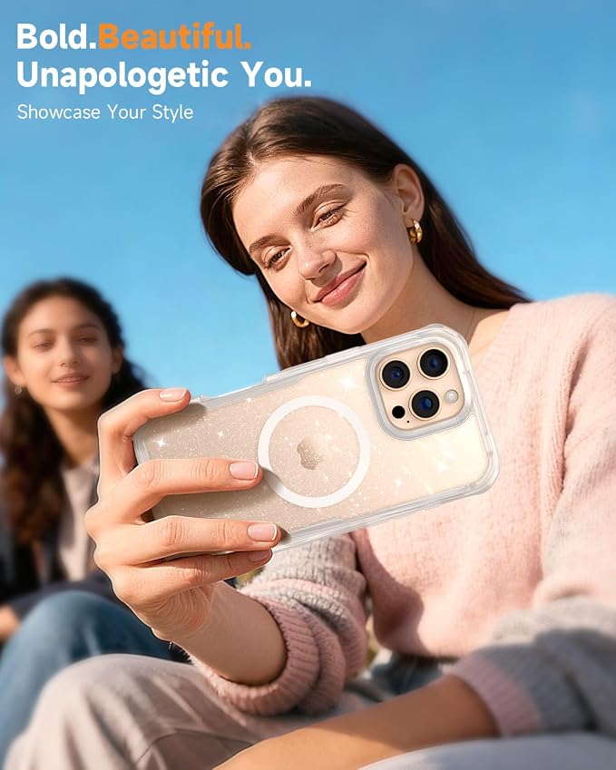 seacosmo Magnetic for iPhone 16 Pro Max Case for Women, Girly, Men, Full Body with Built-in Screen and Camera Lens Protector, Anti-Yellowing, Shockproof Cute Phone Case, 6.9", Clear Glitter
