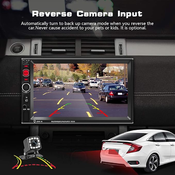 EKAT Double Din Car Stereo Receiver Bluetooth 7 Inch Touch Screen Car Radio Head Unit MP5 Video Digital Player Support Mirror Link TF FM AUX USB + Backup Camera and Remote Control