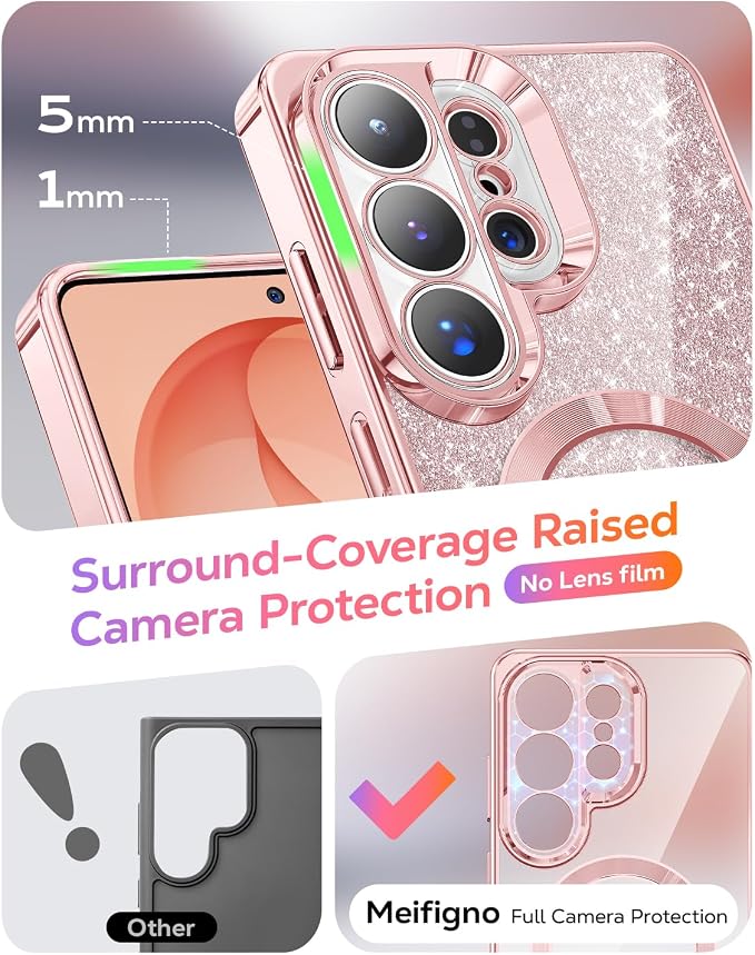 Meifigno Magnetic Case Designed for Samsung Galaxy S26 Ultra 6.9", [Compatible with MagSafe] [Removable Glitter Card & Wrist Strap], Surround Lens Protection Case for Galaxy S26 Ultra, Rose Gold